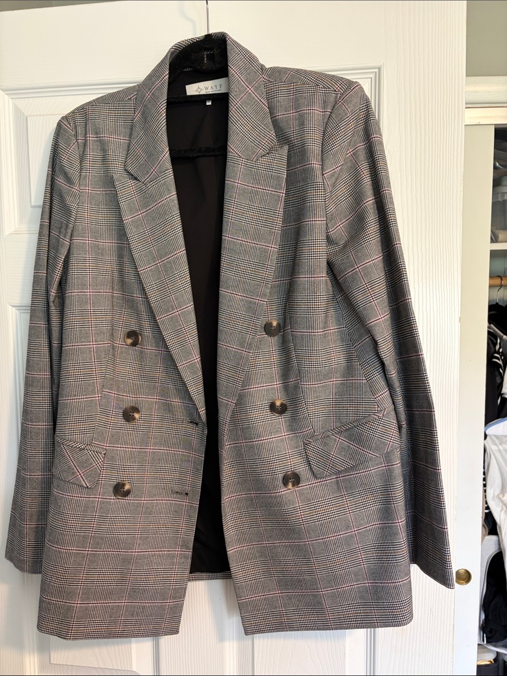 Wayf Gray Glen Plaid Double-Breasted Blazer with Pink Windowpane